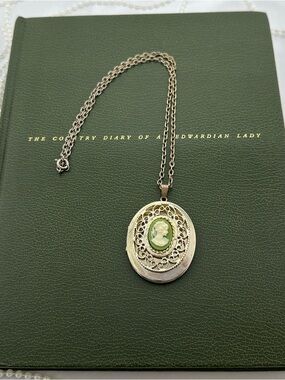 Vintage Gold Locket with Green Cameo Necklace